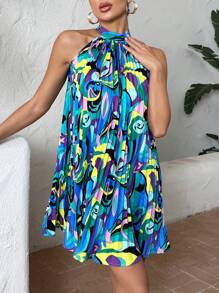 SHEIN VCAY Allover Print Halter Neck Tie Back Dress - Multicolor - View 1
