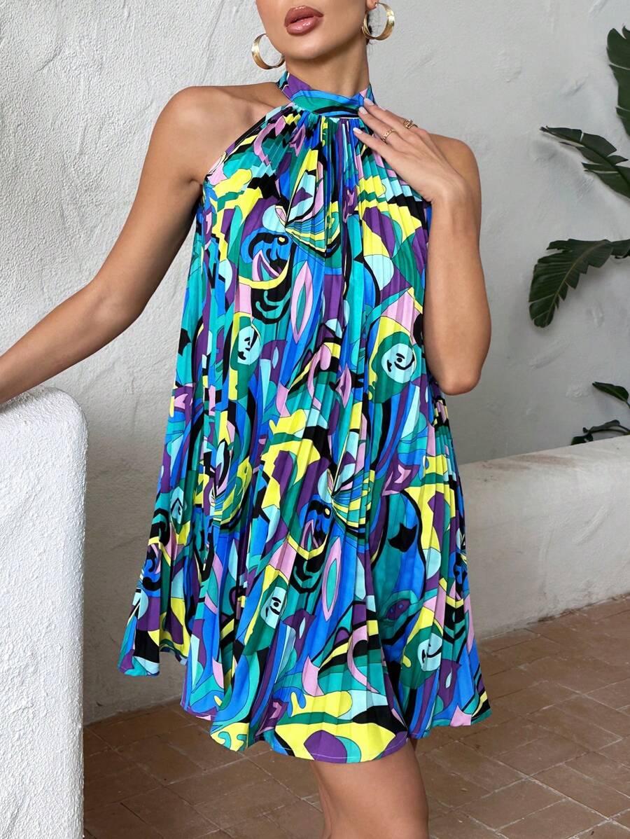 SHEIN VCAY Allover Print Halter Neck Tie Back Dress - Multicolor - View 1