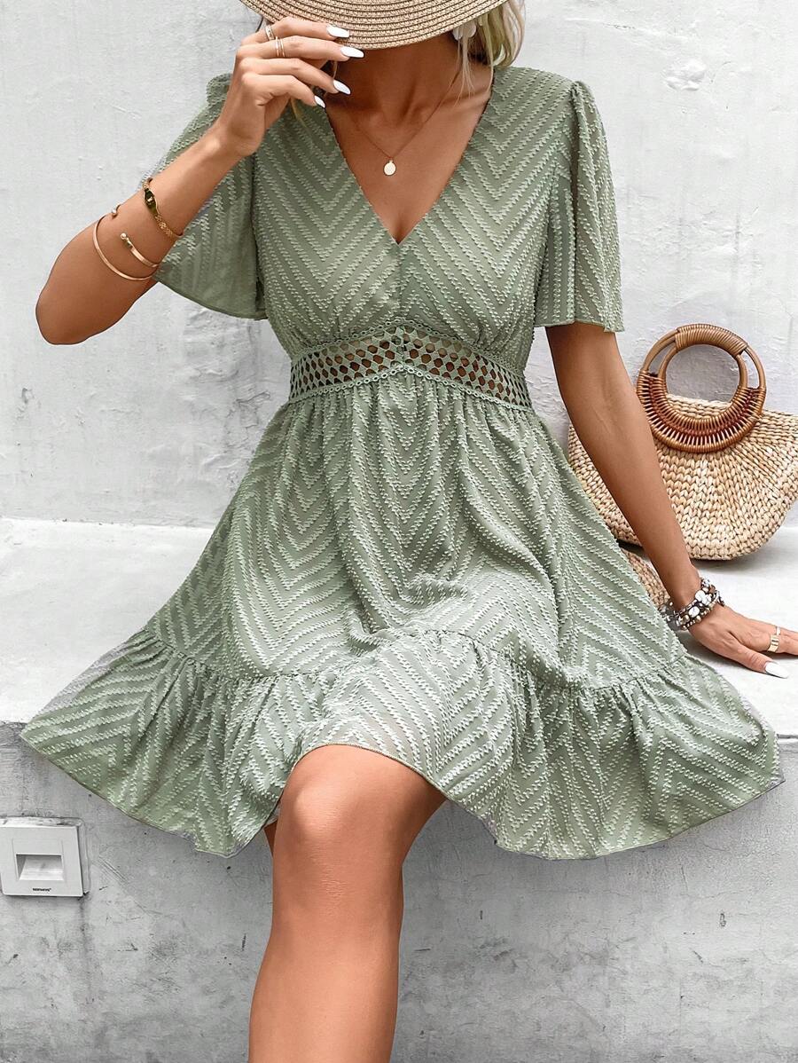 SHEIN Frenchy Chevron Jacquard Guipure Lace Insert Ruffle Hem Dress - Green - View 1