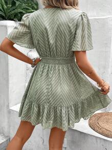 SHEIN Frenchy Chevron Jacquard Guipure Lace Insert Ruffle Hem Dress - Green - View 2