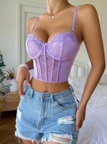 Contrast Lace Underwire Bra Lingerie - Purple - View 5