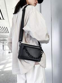 Small Square Bag Chain Decor Black PU - Black - View 7