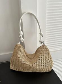 Medium Khaki Straw Zipper Bag, Suitable For Vacation - White - View 2