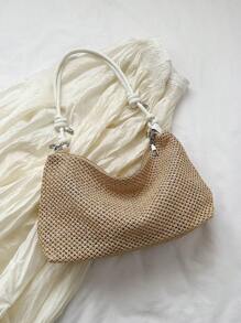 Medium Khaki Straw Zipper Bag, Suitable For Vacation - White - View 3
