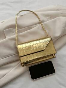 前衛方包金屬質感金色鱷魚壓紋翻蓋PU皮革 - 金色 - 查看 3