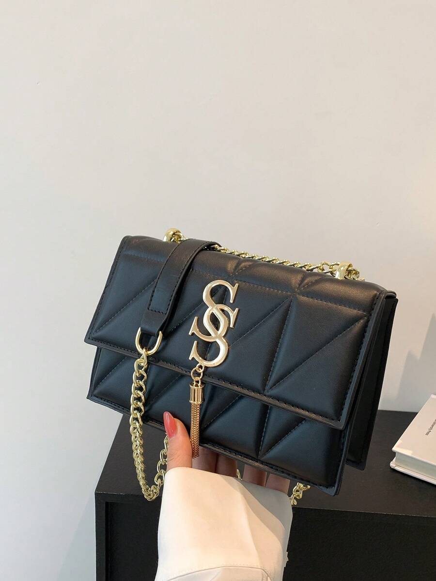 輕便商務休閒小方包金屬字母裝飾翻蓋鏈適合青少年女孩女大學生、菜鳥和白領，非常適合辦公室、大學、工作、商務、通勤、戶外、旅行、郊遊 - 黑色 - 查看 1