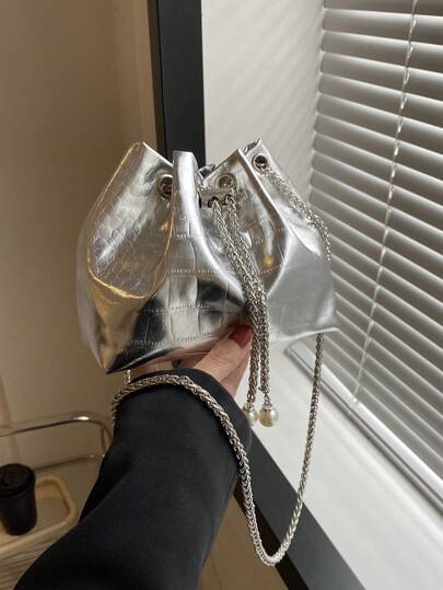 Bucket Bag Metallic Silver Crocodile Embossed Chain PU, Funky, Punk & Bag For Street Wear