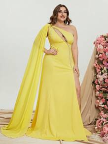 大碼單肩鏤空側垂高衩連衣裙 - 黃色 - 查看 3