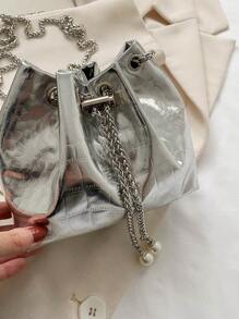 Bucket Bag Metallic Silver Crocodile Embossed Chain PU, Funky, Punk & Bag For Street Wear - Silver - View 5
