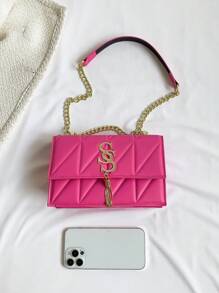 Small Square Bag Metal Letter Decor Flap Chain Fashion Embossed Crossbody Bag, Flap Shoulder Bag, Women's Casual Handbag & Purse - Hot Pink - View 6