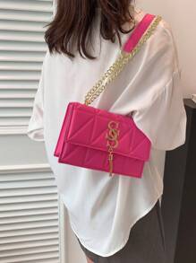 Small Square Bag Metal Letter Decor Flap Chain Fashion Embossed Crossbody Bag, Flap Shoulder Bag, Women's Casual Handbag & Purse - Hot Pink - View 7