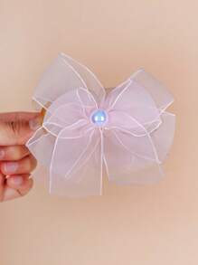 1pc Girls Organza Bow Bun Claw Clip, Suitable For Everyday Or School Wear To Tie Buns, Ponytails - Baby Pink - View 4