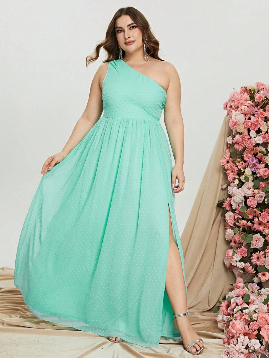 Plus Swiss Dot One Shoulder Split Thigh Chiffon Dress