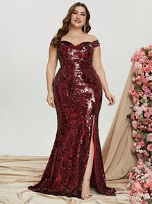 大碼一字肩高衩亮片正式連衣裙