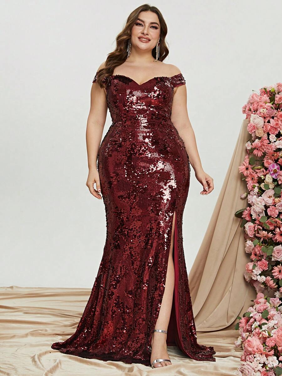 大碼一字肩高衩亮片正式連衣裙