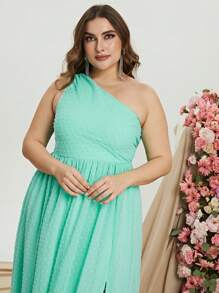 Plus Swiss Dot One Shoulder Split Thigh Chiffon Dress