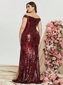 大碼一字肩高衩亮片正式連衣裙