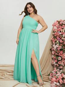Plus Swiss Dot One Shoulder Split Thigh Chiffon Dress