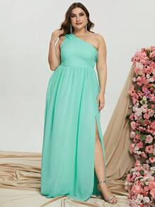 Plus Swiss Dot One Shoulder Split Thigh Chiffon Dress