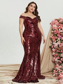 大碼一字肩高衩亮片正式連衣裙