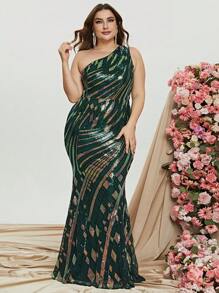 Plus One Shoulder Sequin Formal Dress - Dark Green - View 1