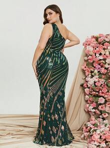 Plus One Shoulder Sequin Formal Dress - Dark Green - View 2