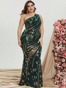 Plus One Shoulder Sequin Formal Dress - Dark Green - View 5