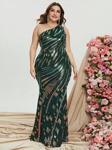 Plus One Shoulder Sequin Formal Dress - Dark Green - View 6