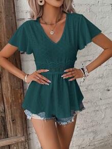 SHEIN Frenchy 蕾絲拼接蝴蝶袖荷葉邊下擺襯衫 - 綠色 - 查看 1