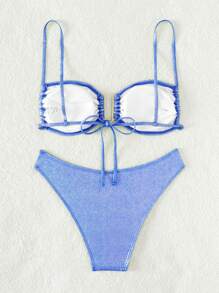 Glitter Ruched Bikini Set For Summer Beach - Blue - View 2