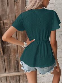 SHEIN Frenchy 蕾絲拼接蝴蝶袖荷葉邊下擺襯衫 - 綠色 - 查看 2