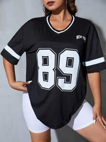 SHEIN EZwear 大碼字母圖案落肩T恤 - 黑色 - 查看 1