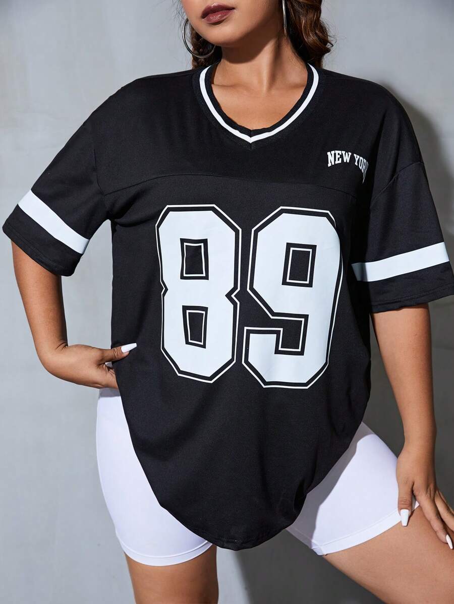 SHEIN EZwear 大碼字母圖案落肩T恤 - 黑色 - 查看 1