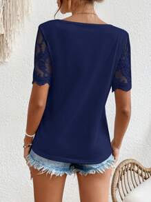 SHEIN Frenchy 蕾絲拼接貝殼邊T恤 - 藏蓝色 - 查看 2