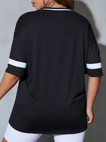 SHEIN EZwear 大碼字母圖案落肩T恤 - 黑色 - 查看 2