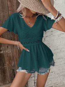 SHEIN Frenchy 蕾絲拼接蝴蝶袖荷葉邊下擺襯衫 - 綠色 - 查看 7