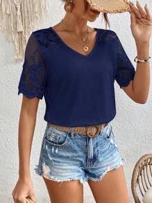 SHEIN Frenchy 蕾絲拼接貝殼邊T恤 - 藏蓝色 - 查看 6