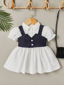 Baby Puff Sleeve Shirt Dress & Button Front Cami Top Set - Blue and White - View 1
