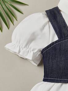 Baby Puff Sleeve Shirt Dress & Button Front Cami Top Set - Blue and White - View 4