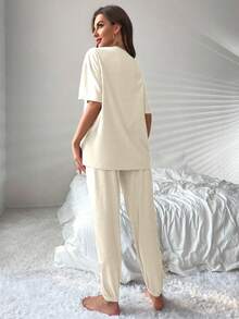 Letter Graphic Drop Shoulder Tee & Trousers Lounge Set - Beige - View 2