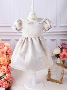 SHEIN Toddler Girls Floral Embroidery Puff Sleeve Dress - Khaki - View 1