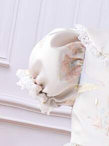 SHEIN Toddler Girls Floral Embroidery Puff Sleeve Dress - Khaki - View 4