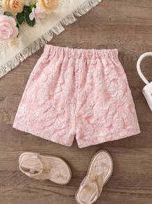 SHEIN Toddler Girls Jacquard Floral Pattern Shorts - Pink - View 2