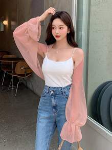 DAZY Solid Flounce Sleeve Top Without Cami Top - Pink - View 1