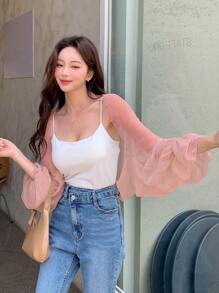 DAZY Solid Flounce Sleeve Top Without Cami Top - Pink - View 3