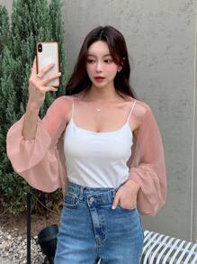 DAZY Solid Flounce Sleeve Top Without Cami Top - Pink - View 5