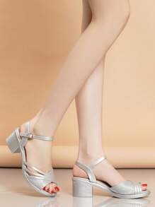 女士亮片細節露趾粗跟踝帶魅力四射派對高跟涼鞋