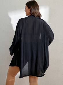 Swim Lushoire 大碼捲邊袖口袋貼布前紐扣襯衫不附文胸 - 黑色 - 查看 2