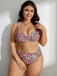 SHEIN 大碼花卉印花有胸墊比基尼套裝，夏季沙灘必備 - 彩色 - 查看 5