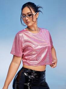 SHEIN ICON Plus Metallic Crop Tee - Pink - View 6